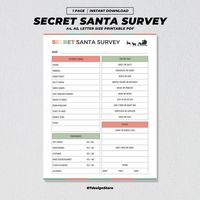 Secret Santa Survey Printable, Christmas Reunion Game, This Or That Questions, Xmas Work Holiday Party, Secret Santa Form, Gift Exchange PDF