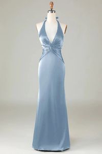 Zapakasa Women Mermaid Halter Dusty Blue Long Satin Bridesmaid Dress