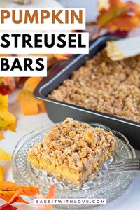 Skip the pumpkin pie and try these Pumpkin Streusel Bars! With a streusel crust, creamy cheesecake filling, and brown sugar streusel topping, they’re a perfect fall dessert everyone will love. Get the recipe with step-by-step instructions at Bakeitwithlove.com #pumpkin #streusel #fall #Thanksgiving