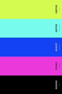 21. Black And Neon Color Palette Color Palette with Black (Hex #000000) + Hot Magenta (Hex #FF00E1) + Palatinate Blue (Hex #003CFF) + Fluorescent Cyan (Hex #00FFEE) + Lime (Hex #C8FF00) Color Palette with Hex Codes