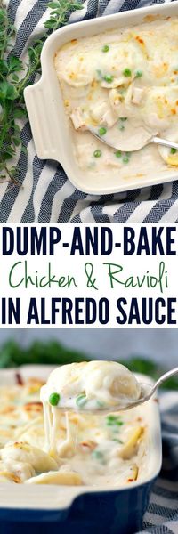 You don't even have to boil the pasta for this easy Dump-and-Bake Chicken & Ravioli in Alfredo Sauce! With only 5 simple ingredients and about 5 minutes of prep, family dinners don't get much better!