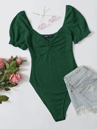 Dark Green Elegant Collar Short Sleeve Fabric Plain Tee Embellished Slight Stretch Summer Women Clothing