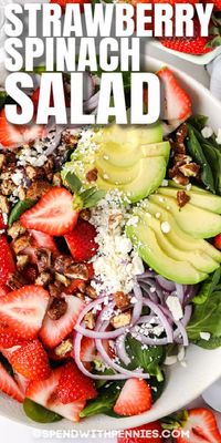 Strawberry Spinach Salad has ripe berries, buttery avocado and spinach tossed in a delicious White Balsamic Vinaigrette dressing. #spendwithpennies #spinachsalad #strawberryspinachsalad #summersalad #saladrecipe