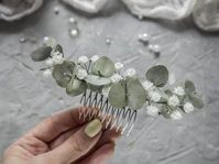 Wedding headpiece with eucalyptus leaves, babys breath flower hair clip is perfect floral headpiece for your special day.Such floral wedding hair piece looks great on the wedding day and other ocassion.❗❗❗ Please note, this bridal hairpiece (bride hair piece) is not factory. All petals and leaves of wedding hair clip (sage green hair) I made by my hands from foam material, which is absolutely not afraid of water, burnout, falls, and is not toxic.😍 This wedding hair clip looks so realistic! 🌈 R