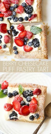 Pastry sheets with a mascarpone cheesecake filling and topped with your favorite berries. The perfect combination of flavors. #puffpastry #pastry #berry #cheesecake