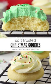 Soft frosted Christmas cookies recipe by The Toasty Kitchen. Make a batch of soft frosted Christmas cookies this holiday season. Thick, soft sugar cookies are topped with a layer of sweet homemade buttercream frosting. The perfect cookie for the holidays, and easy to customize for any time of year. #softsugarcookie #frostedsugarcookie #softfrostedsugarcookie #christmascookie #christmas #buttercreamfrosting #dessert #cookierecipe