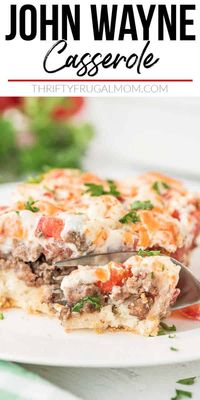 This easy recipe for John Wayne Casserole combines layers of sour cream, cheese, tomatoes and ground beef on top of a tasty crust for a delicious kid friendly dinner!