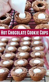 Delicious hot chocolate cookies are baked into cute little cups & filled with marshmallow creme for a fun, easy dessert recipe, perfect for the holidays! #chocolatecookies #easydessert