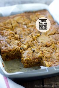 Loaded Caramel Pumpkin Blondies | www.tasteandtellblog.com