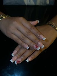 Basic square nails with white french and red hibiscus flower 🤍🌺