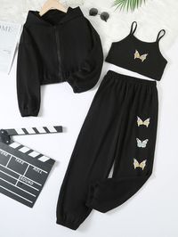 Black Casual Collar Long Sleeve,Sleeveless  Butterfly  Embellished Slight Stretch  Girls Clothing