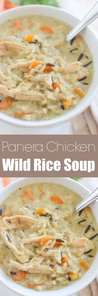 Chicken and Wild Rice Soup - Panera copycat recipe! Creamy soup with wild rice, chicken, and veggies. The whole family will love this recipe and it's so easy!