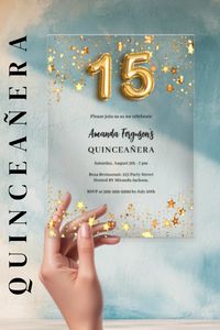 For an elegant Quinceañera, 15th birthday. A clear, transparent background. Golden stars, and the number 15 in faux gold. Personalize and add your name and party details.  Click to find your invitation!