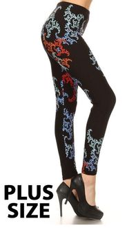 - Plus size multicolored abstract printed, high waisted leggings in a fit style, with an elastic waistband.