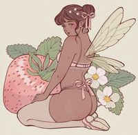 fairy, cottagecore, fairycore, magic, fae, strawberry, coquette, flowercore, daisy, sapphic art, digital art, pastel colors . . . credits to karlovycross on tumblr