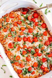 Cheesy Caprese Chicken and Quinoa Casserole is the perfect weeknight meal that is hearty, full of flavor and sure to please the entire family!