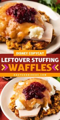 Add a little magic to your meal with this Disney Copycat Leftover Stuffing Waffles recipe! It's perfect for recipes for lunch at home and lunch meal ideas. Crispy stuffing waffles topped with a spoonful of cranberry sauce! Delicious!