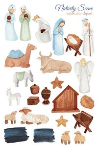 Watercolor Nativity Clipart. Watercolor Nativity Christmas scene creator with bright scenes. Stable with Baby Jesus, Maria, Joseph, three wise men, Angel, donkey, cow, sheeps, camel and stars. Perfect for Christmas invitation cards, decor, calendar design, planner sticker, blogs, logos, scrapbooking and other.