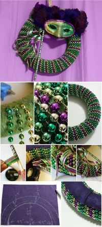 DIY: Mardi Gras beads wreath with mask. Another great use for beads! Mardi Gras Halloween Voodoo Masquerade Ball by bertha