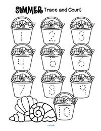 Here are three Summer-themed tracing and counting pages for early learners. Count the sets, recognize and trace the numbers, add extra details (crabs, a cherry for each ice cream?) and color if desired.