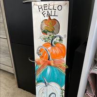 24x6” Thin Wooden Rectangular Sign. Tiered Pumpkins, Beautifully Painted In Quality Acrylics, Sealed. Can Hang On Door, Lean Or Hang In Wall. Very Lightweight Wood. Great Addition To Your Fall Decor!