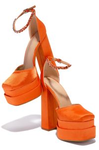 SIZE & FIT HEEL HEIGHT APPROX: 6" PLATFORM HEIGHT APPROX: 2" SIZE DOWN - MODEL WOULD GO DOWN 1/2 SIZE ALL MEASUREMENTS ARE MADE ON A SIZE 6.5 THERE MAY BE SLIGHT MEASUREMENT VARIATIONS BASED ON SIZE. PRODUCT DETAILS ADJUSTABLE AROUND THE ANKLE BUCKLE CLOSURE ORANGE STONE EMBELLISHMENTS CHUNKY HEEL CLOSED ROUNDED TOE LIGHTLY PADDED INSOLE ORANGE FAUX SATIN PLATFORM HEEL FLASH PHOTOGRAPHY & EDITING HAVE BEEN USED TO ENHANCE EMBELLISHMENTS