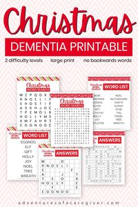 Christmas themed word search created by a caregiver especially for seniors living with dementia. Comes in 2 difficulty levels - easy and really easy - so you can pick the version that's most appropriate for your loved one. #dementiaactivity #dementiacaregiver #activitydirector