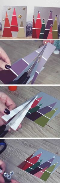 Paint Chip Christmas Trees | 20 + DIY Christmas Cards for Kids to Make