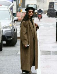 Tessa Thompson wearing the Dhani wool coat in brown (sponsored)