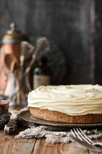 A Bavarian cream spice cake that's high altitude tested, made with fluffy spice cake soaked with coffee, topped with vanilla bean Bavarian cream.