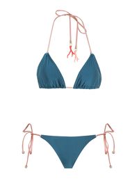 The Cassia Mini Tri Bikini in Teal from our Summer Swim 2021 Collection. An Italian lycra triangle bikini top and low rise, skinny pants with self tie straps and toggle ends.