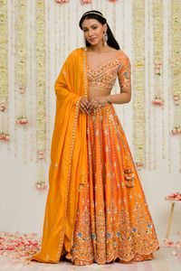 Buy Sanya Gulati Orange Shantoon Embroidered Lehenga Set Online | Aza Fashions