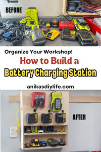 Organize your workshop and free up space on your workbench with this DIY battery charging station for power tools. Easy to build with the plans and tutorial! #anikasdiylife