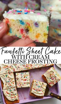 Funfetti Sheet Cake with Cream Cheese Frosting and plenty of sprinkles will take you right back to childhood. This cake is quick, easy, super moist, ready in just 40 minutes and a definite crowd-pleaser. No one will be able to resist this scrumptious, fun sheet cake!