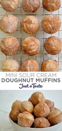 Your family will love this Mini Sour Cream Doughnut Muffins recipe! Just imagine an old-fashioned cake doughnut rolled in cinnamon sugar. When time is short, it’s doughnut muffins to the rescue! #justatasterecipes