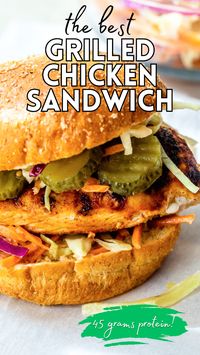 My favorite Grilled Chicken Sandwich, made with tender, pickle-brined grilled chicken breast with a zesty slaw and spicy mayo – so good!!