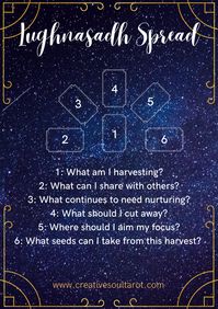 This six-card Lughnasadh tarot spread delves into the themes of harvesting and sharing, so grab your tarot or oracle deck and dive in! #tarot #tarotspreads #lughnasadhtarotspread #lammas #lammastarotspread #divination #lugh #creativesoultarot #tarotcards #tarotreadings #tarotforcreatives