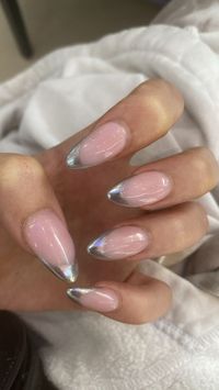 chrome, silver, french tips, gel, gel tips, silver nail polish, almond shape, pink, chrome manicure, manicure, gel manicure, chrome powder, chrome powder tips, reflective nails