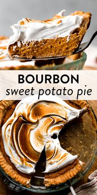 This buttery bourbon sweet potato pie is deliciously spiced with cinnamon, nutmeg, ginger, and cloves. Baked in a flaky pie crust and topped with toasted marshmallow meringue, this Thanksgiving dessert is a true showstopper. #thanksgiving #pie #bourbon #sweetpotato #falldesserts