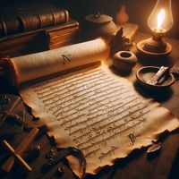 A parchment scroll unrolled on an ancient wooden table, illuminated by the soft glow of an oil lamp. The scroll is filled with elegant, hand-written script in ancient Greek, symbolizing the letter from Paul. Around the table, various symbolic Christian items like a small wooden cross, a clay oil lamp, and an open ancient book. The scene evokes a sense of historical depth and spiritual...