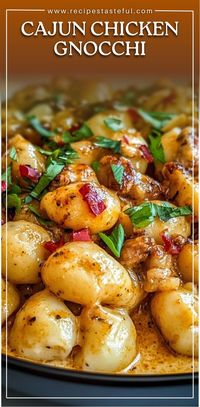 A flavorful and comforting dish that combines tender chicken, creamy sauce, and soft gnocchi, perfectly seasoned with Cajun spices for a deliciously satisfying meal.