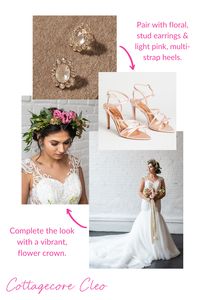 This look is all about pink floral accents with our Cleo Gown. Keep the look soft and romantic, complementing the lace bodice of the gown with pink floral studs and light pink heels. In lieu of a traditional veil, opt for a natural flower crown for those earth goddess vibes. Check out our other styling boards or visit our website Lookbooks to see event more wedding event and gown styling inspiration!