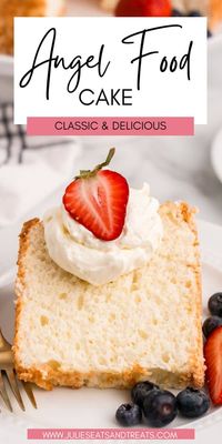 Heavenly Homemade Angel Food Cake! This light & fluffy cake is easier than you think. Made with simple ingredients, it boasts a cloud-like texture & irresistible flavor. Perfect for any occasion & a breeze to whip up! Serve this delicious summer dessert with fresh berries.