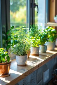 14 Inspiring Small Garden Ideas + on budget & Low Maintenance - Panoramic view of a compact kitchen windowsill with a variety of herbs like basil, cilantro, and rosemary in small pots