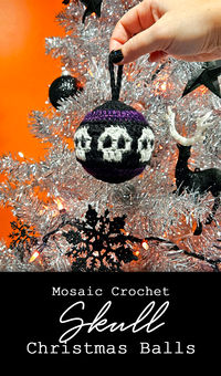 Learn how to make these easy mosaic crochet skull Christmas ball ornaments for your goth or Halloween themed tree! These balls are great for using metallic or sparkly glitter yarn, and you can also stuff them with styrofoam, fiberfill, or anything you have on hand. #mosaiccrochet #skullchristmas #skullcrochet #gothcrochet #gothchristmas #hexmas #gothmas #creepmas #sixeldesign