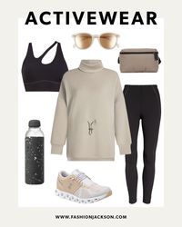 athleisure outfit, new years fitness outfit, new year resolution, fitness outfit, chic fitness look, beige and black fitness look, beige and black athleisure outfit