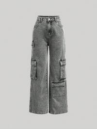 Grey  Collar  Denim Plain Straight Leg Embellished Non-Stretch  Teen Girls Clothing