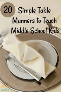 As you know, table manners are some of the earliest etiquette skills we teach our kids. You may think that once they're tweens, you're done, but there's always more to learn. Once they are in middle school, it's time to move beyond the basics. Use this helpful list of 20 table manners for teens to start working on these more advanced life skills with your older kids. I found that #2 was hard to master in our house, but surprisingly, #20 was easy. Which one does your tween struggle with?