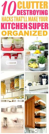 These 10 easy kitchen organization hacks are THE BEST! I'm so glad I found these AWESOME tips! Now I have good ways to clear up clutter and make extra space in my kitchen! Definitely pinning!