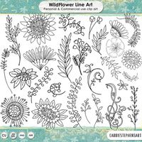 Bohemian Wild Flower Black Line Art + Silhouettes, Hand Drawn Doodles